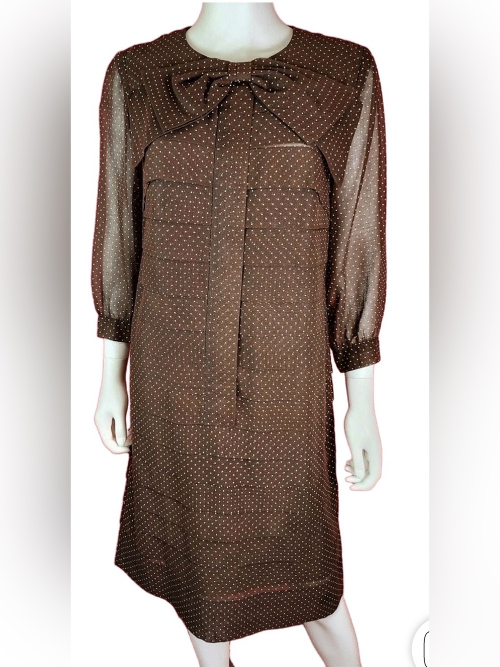 True Vintage Leslie Fay Brown Polka Dot Long-Sleeve Bow-Neck Dress, 36-38 bust